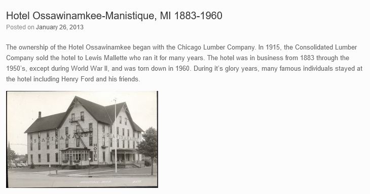 Hotel Ossawinamkee - Schoolcraft County History Page